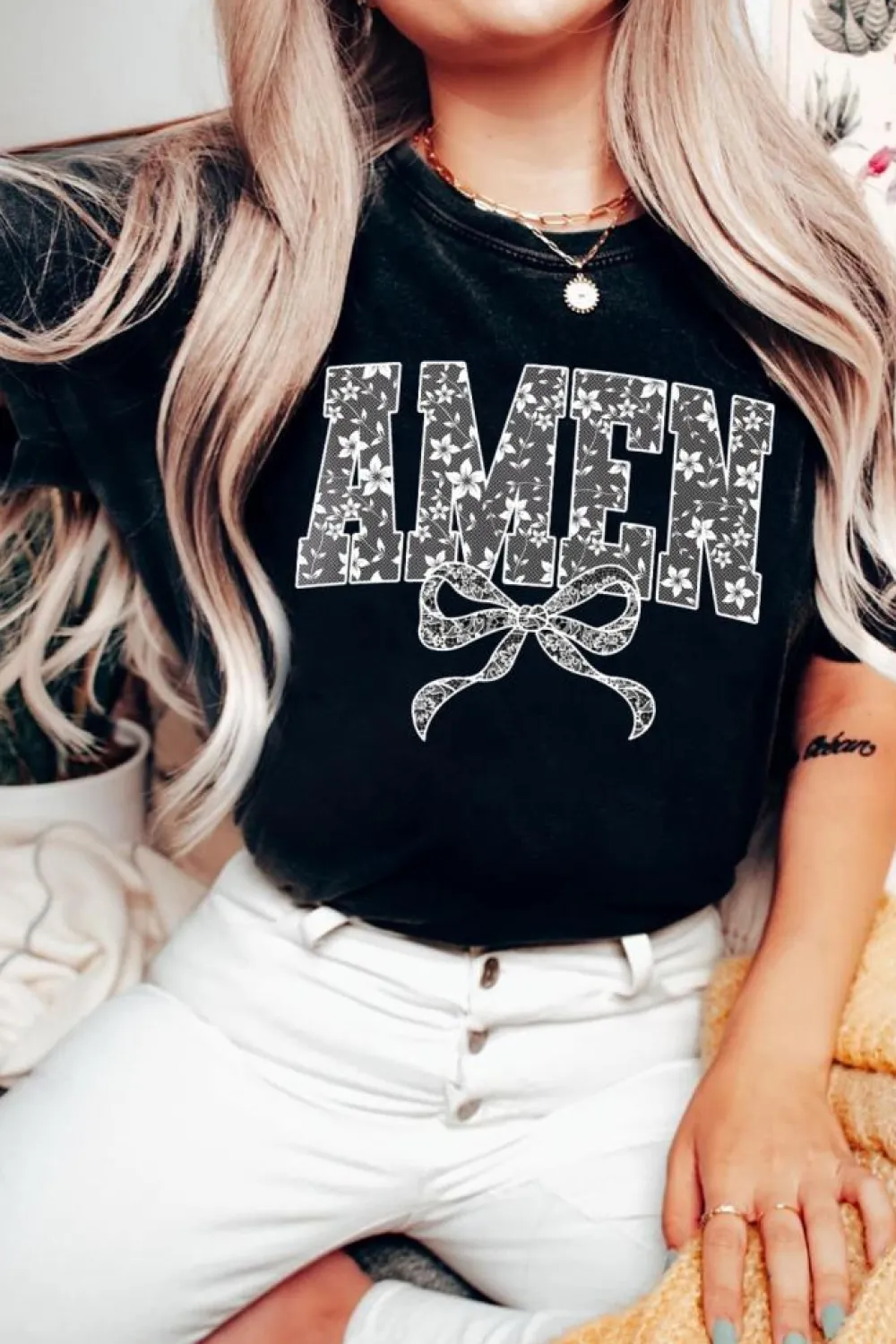 Clearance Dear-Lover Floral AMEN Bow Printed T Shirt Black