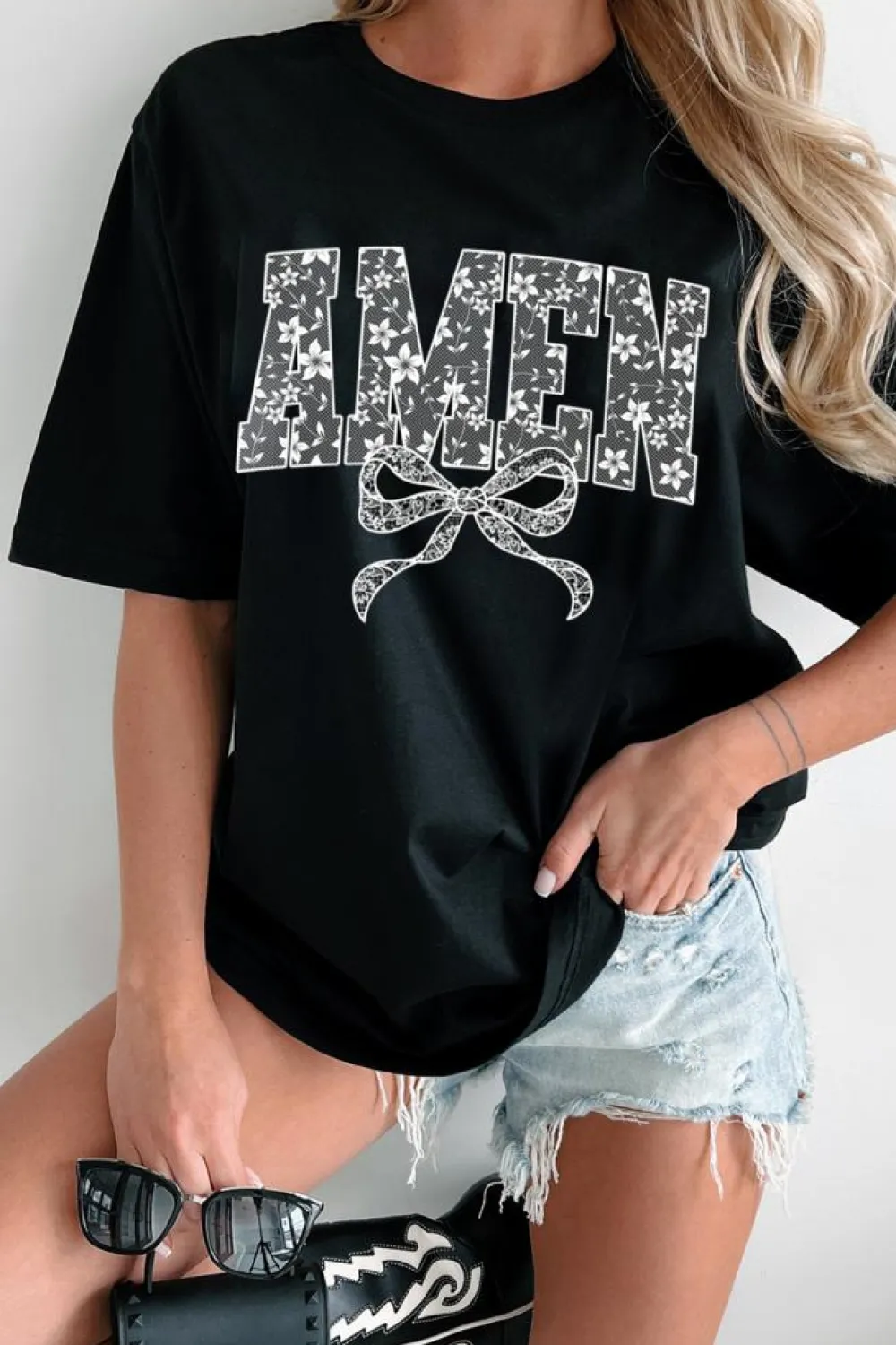 Clearance Dear-Lover Floral AMEN Bow Printed T Shirt Black