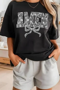 Clearance Dear-Lover Floral AMEN Bow Printed T Shirt Black