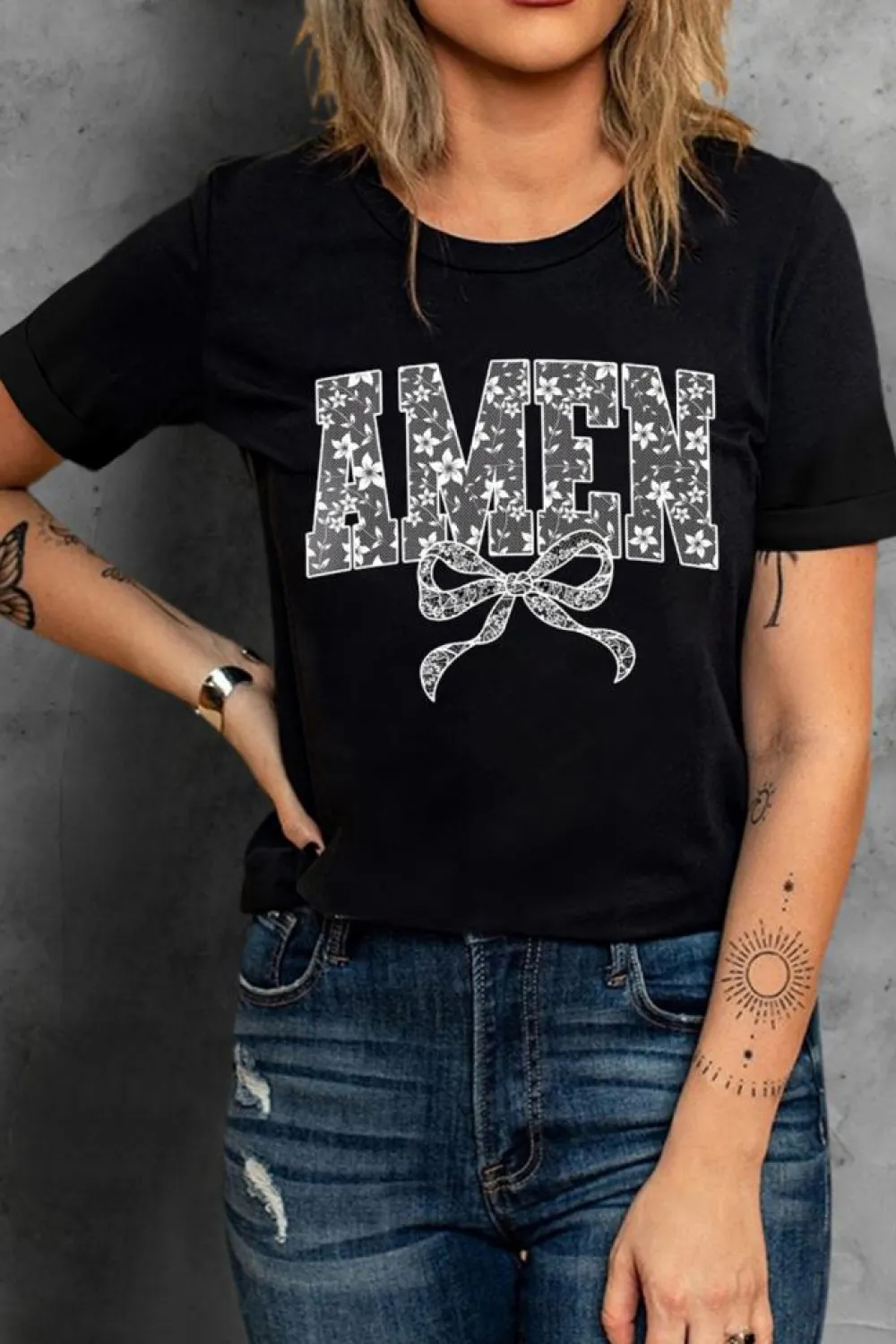 Clearance Dear-Lover Floral AMEN Bow Printed T Shirt Black