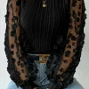 Fashion Dear-Lover Floral Applique Mesh Sleeves Textured Knit Blouse Black