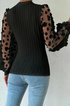 Fashion Dear-Lover Floral Applique Mesh Sleeves Textured Knit Blouse Black