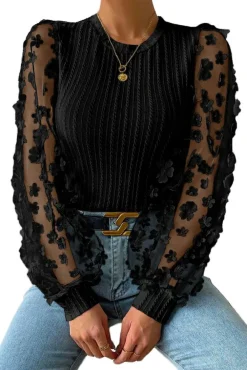 Fashion Dear-Lover Floral Applique Mesh Sleeves Textured Knit Blouse Black