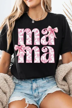 Fashion Dear-Lover Floral Bow Mama Graphic Crewneck Tee Black