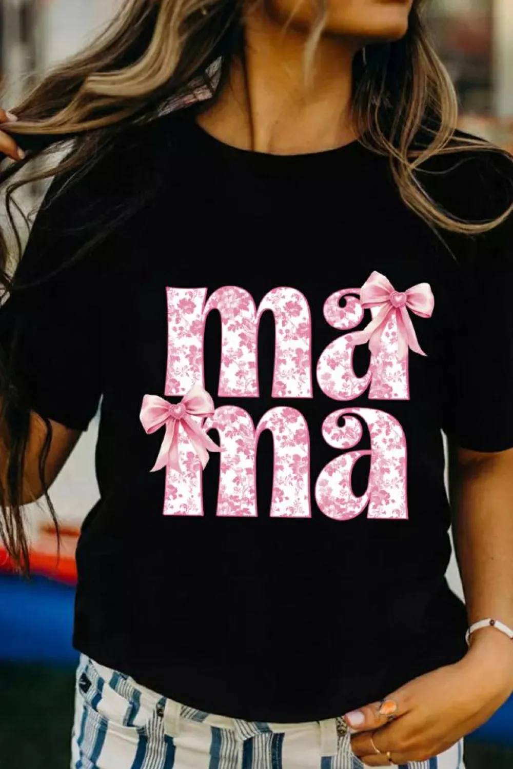 Fashion Dear-Lover Floral Bow Mama Graphic Crewneck Tee Black