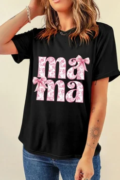 Fashion Dear-Lover Floral Bow Mama Graphic Crewneck Tee Black