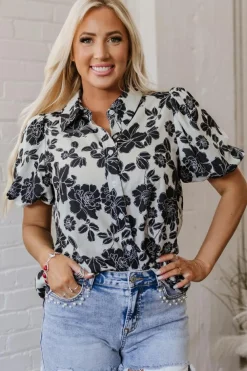 Clearance Dear-Lover Floral Bubble Sleeve Casual Shirt Black