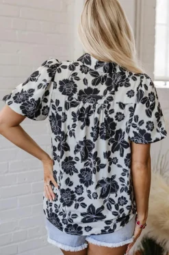 Clearance Dear-Lover Floral Bubble Sleeve Casual Shirt Black