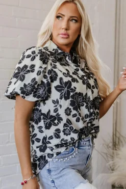 Clearance Dear-Lover Floral Bubble Sleeve Casual Shirt Black