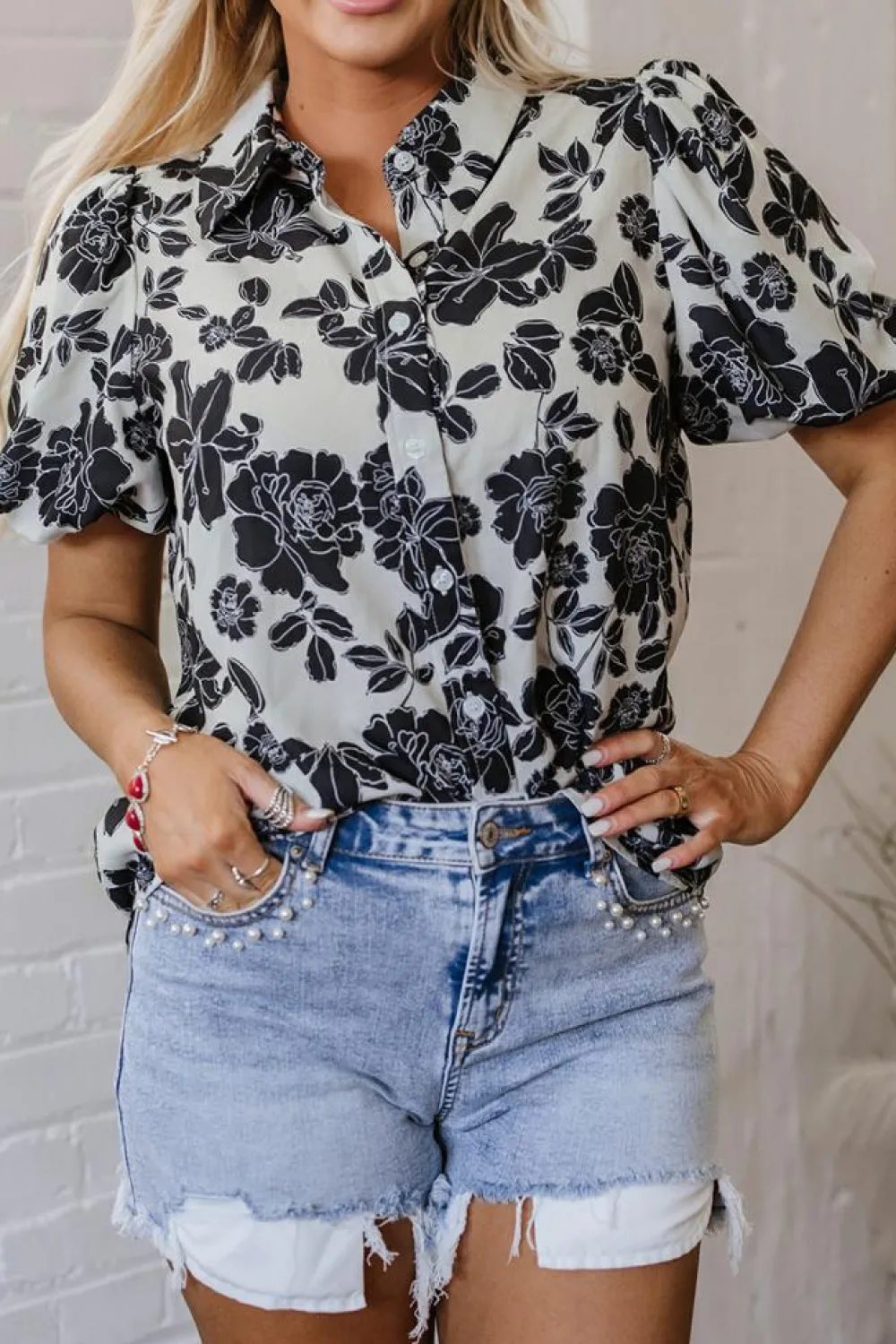 Clearance Dear-Lover Floral Bubble Sleeve Casual Shirt Black