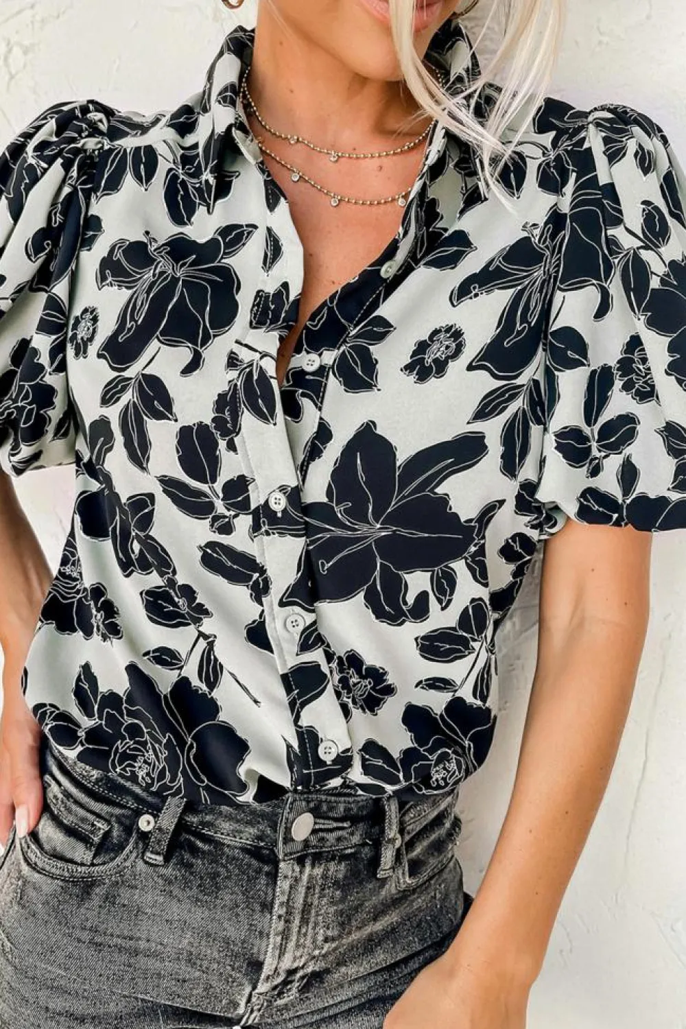 Clearance Dear-Lover Floral Bubble Sleeve Casual Shirt Black