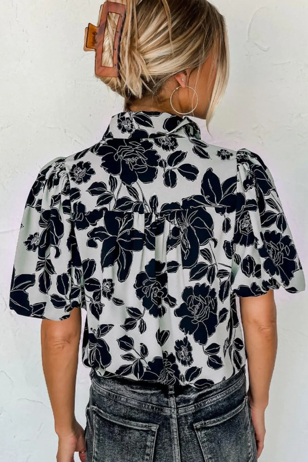 Clearance Dear-Lover Floral Bubble Sleeve Casual Shirt Black