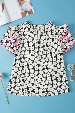Online Dear-Lover Floral Contrast Ric Rac Layered Ruffle Sleeve Blouse Black