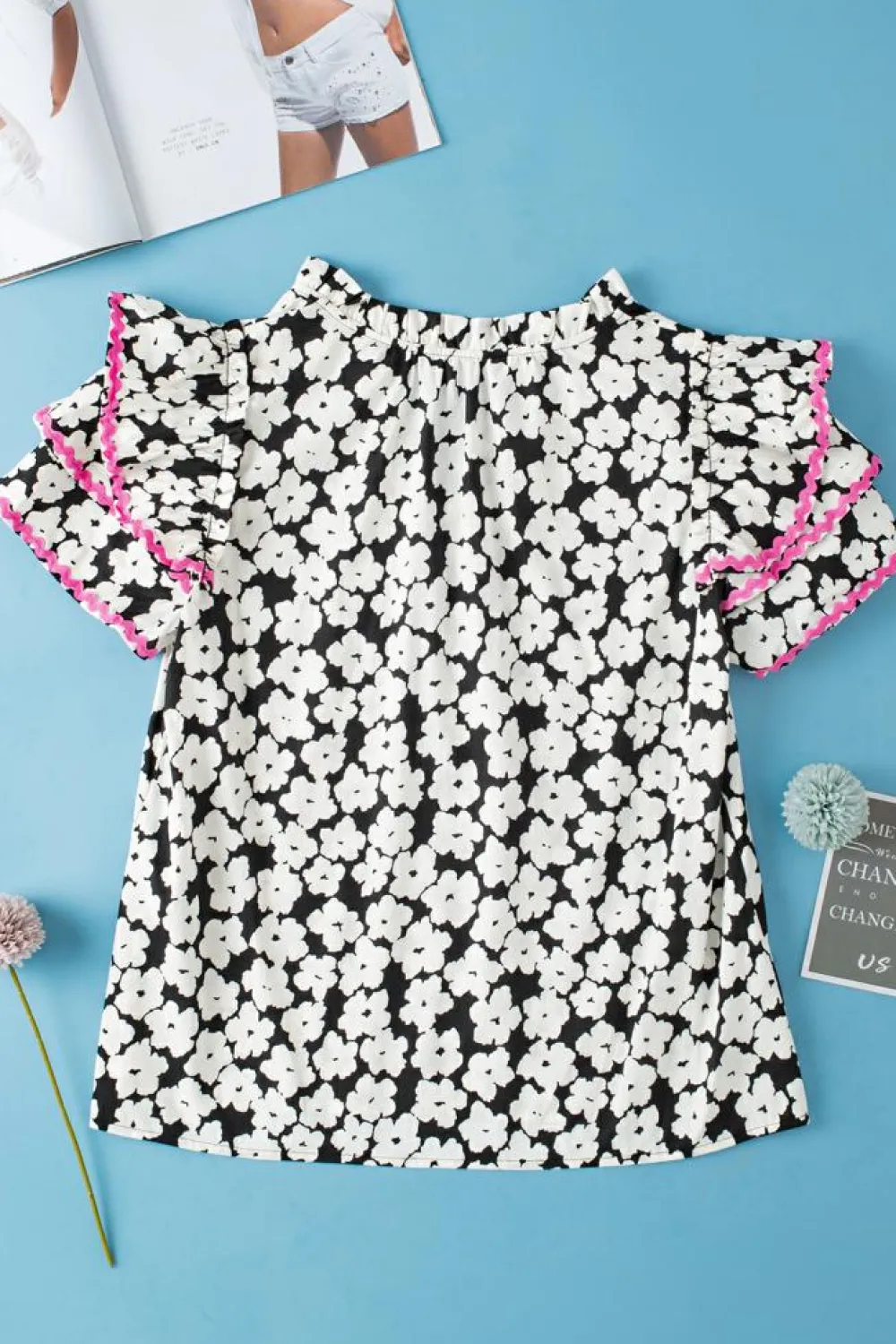 Online Dear-Lover Floral Contrast Ric Rac Layered Ruffle Sleeve Blouse Black