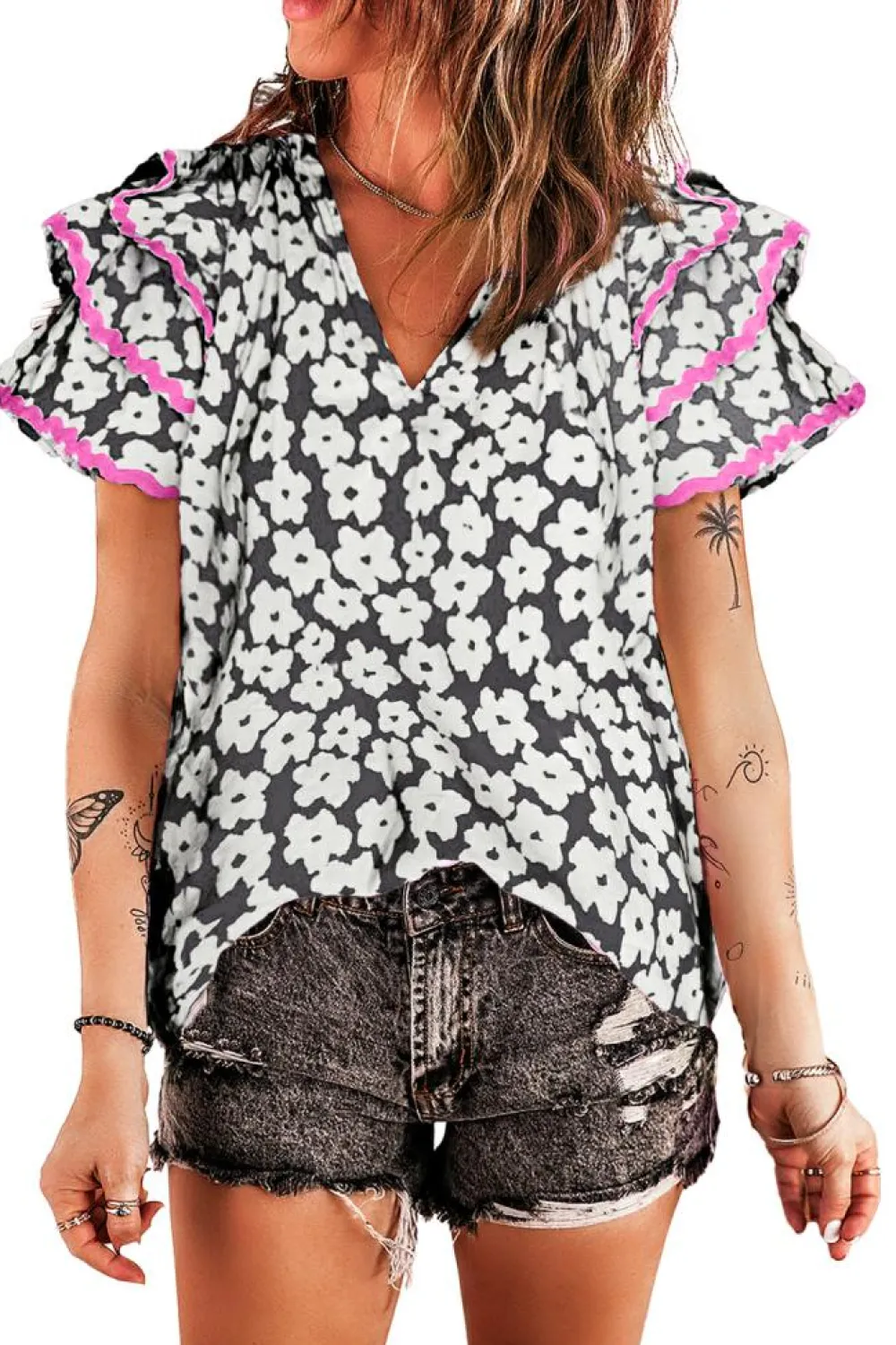 Online Dear-Lover Floral Contrast Ric Rac Layered Ruffle Sleeve Blouse Black
