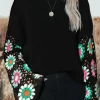 New Dear-Lover Floral Crochet Bell Sleeve Loose Sweater Black