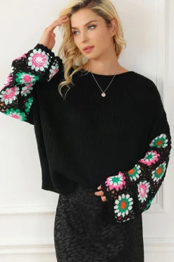 New Dear-Lover Floral Crochet Bell Sleeve Loose Sweater Black