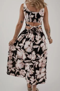 Best Dear-Lover Floral Cutout Square Neck Knot Back Sleeveless Maxi Dress Black