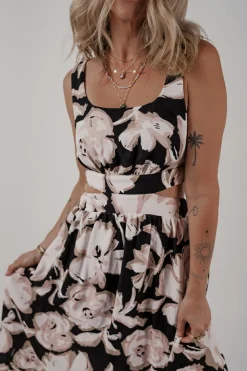 Best Dear-Lover Floral Cutout Square Neck Knot Back Sleeveless Maxi Dress Black