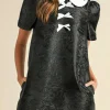 Outlet Dear-Lover Floral Embossed Puff Sleeve Colorblock Bow Collared Mini Dress Black