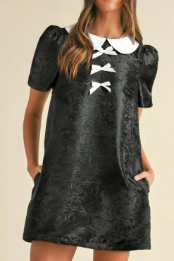 Outlet Dear-Lover Floral Embossed Puff Sleeve Colorblock Bow Collared Mini Dress Black
