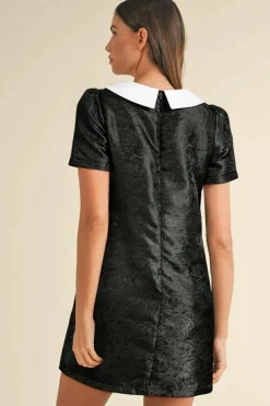 Outlet Dear-Lover Floral Embossed Puff Sleeve Colorblock Bow Collared Mini Dress Black