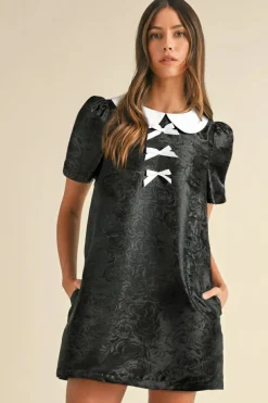 Outlet Dear-Lover Floral Embossed Puff Sleeve Colorblock Bow Collared Mini Dress Black