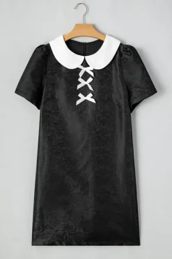 Outlet Dear-Lover Floral Embossed Puff Sleeve Colorblock Bow Collared Mini Dress Black