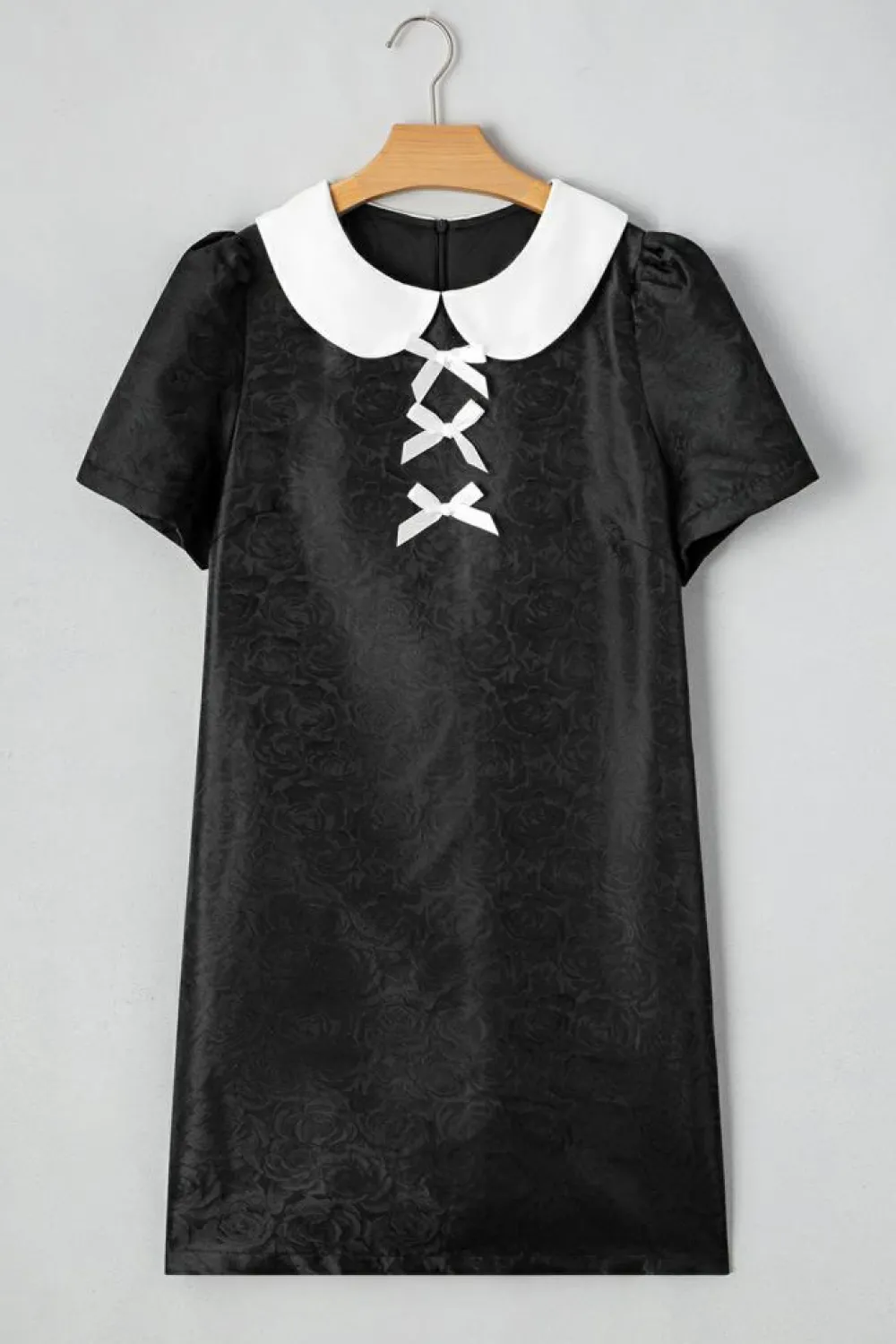 Outlet Dear-Lover Floral Embossed Puff Sleeve Colorblock Bow Collared Mini Dress Black