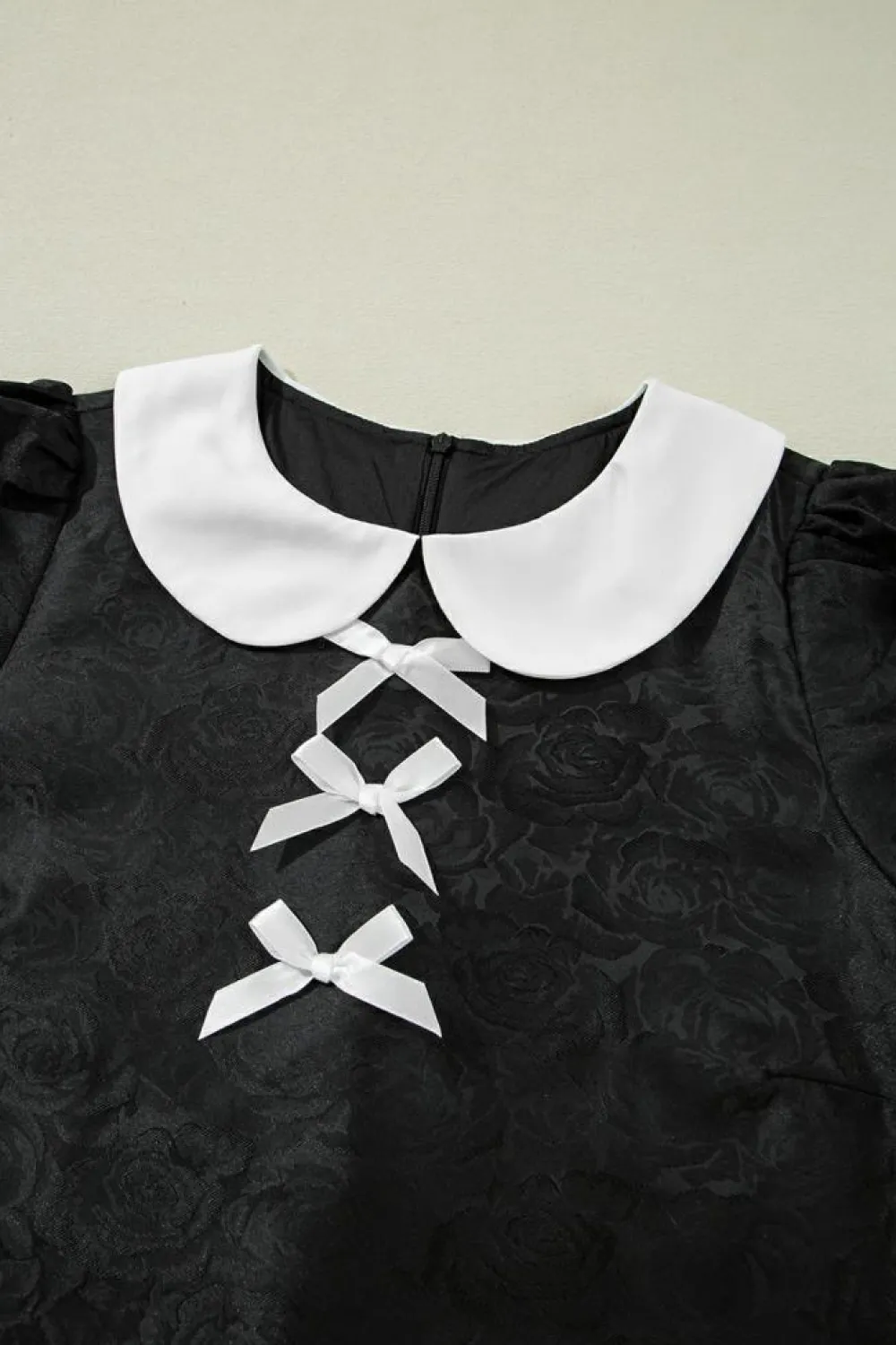 Outlet Dear-Lover Floral Embossed Puff Sleeve Colorblock Bow Collared Mini Dress Black