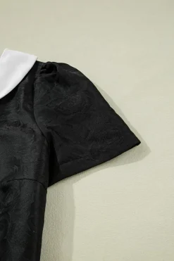 Outlet Dear-Lover Floral Embossed Puff Sleeve Colorblock Bow Collared Mini Dress Black