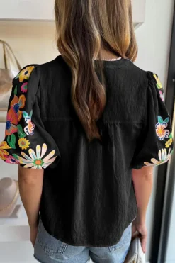 Clearance Dear-Lover Floral Embroidered Puff Sleeve Split Neck Blouse Black