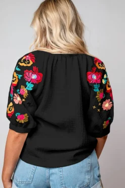 Discount Dear-Lover Floral Embroidered Ricrac Puff Sleeve Textured Blouse Black