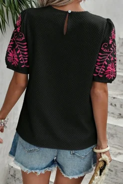 Best Dear-Lover Floral Embroidered Textured Puff Sleeve T Shirt Black