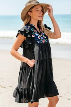 Outlet Dear-Lover Floral Embroidered Tiered Ruffled Mini Dress Black
