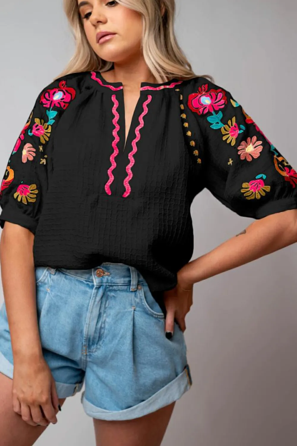 Discount Dear-Lover Floral Embroidered Ricrac Puff Sleeve Textured Blouse Black