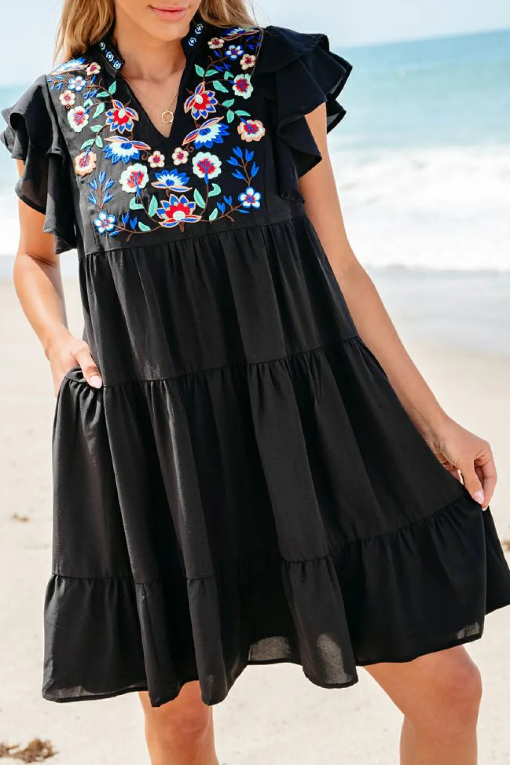 Outlet Dear-Lover Floral Embroidered Tiered Ruffled Mini Dress Black