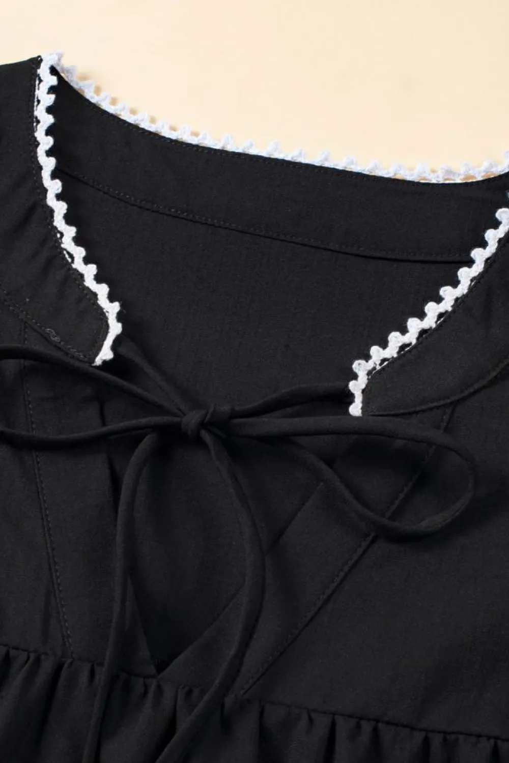 Clearance Dear-Lover Floral Embroidered Puff Sleeve Split Neck Blouse Black