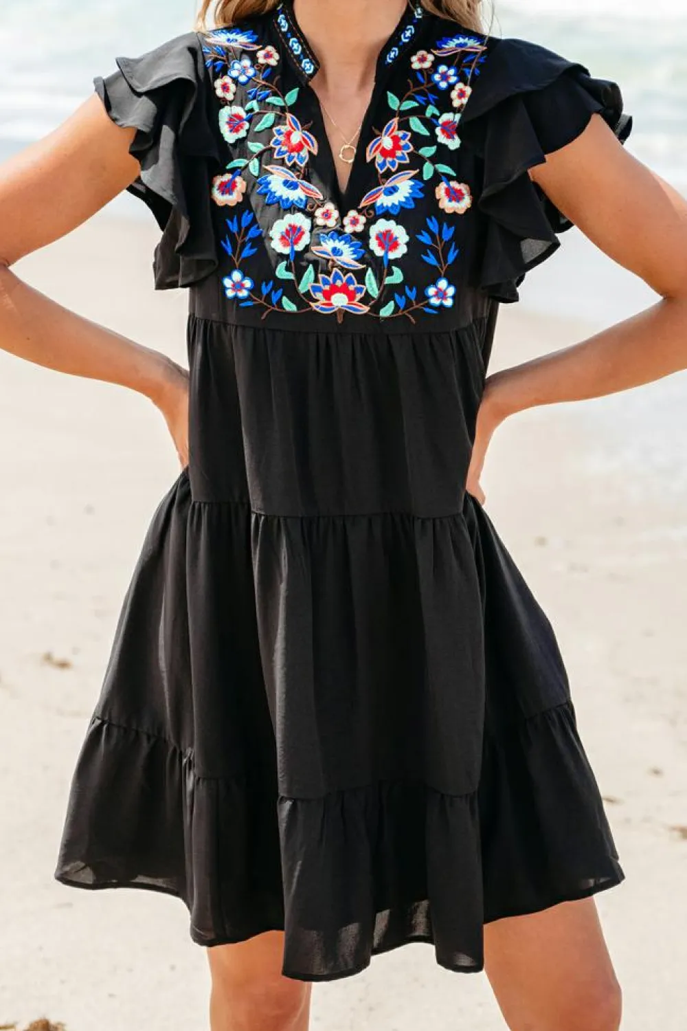 Outlet Dear-Lover Floral Embroidered Tiered Ruffled Mini Dress Black