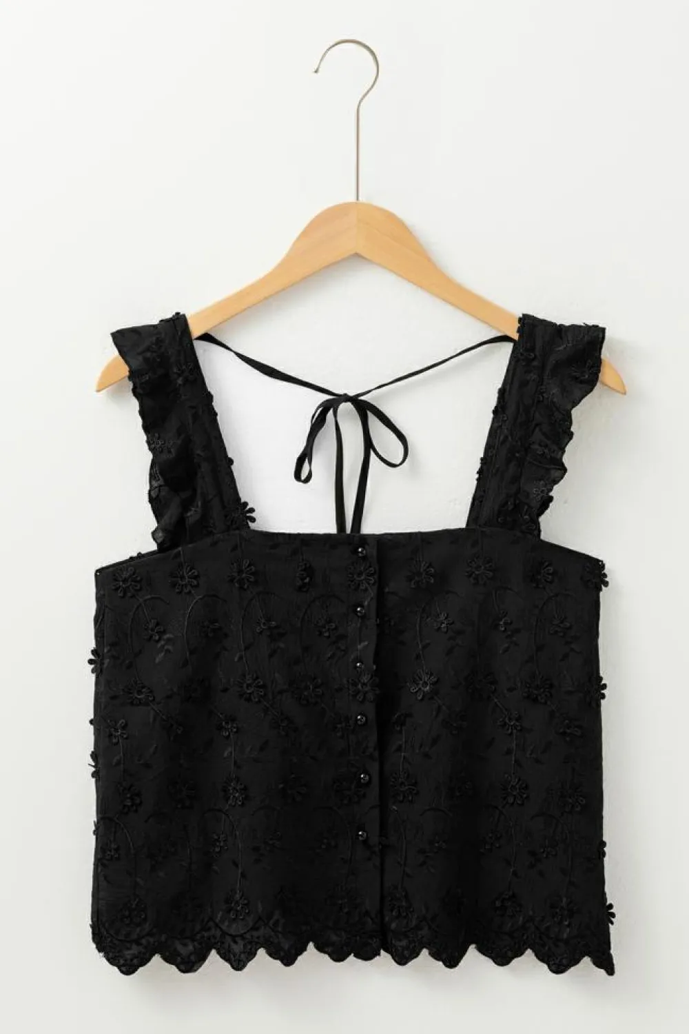 Hot Dear-Lover Floral Embroidered Buttoned Square Neck Tank Top Black