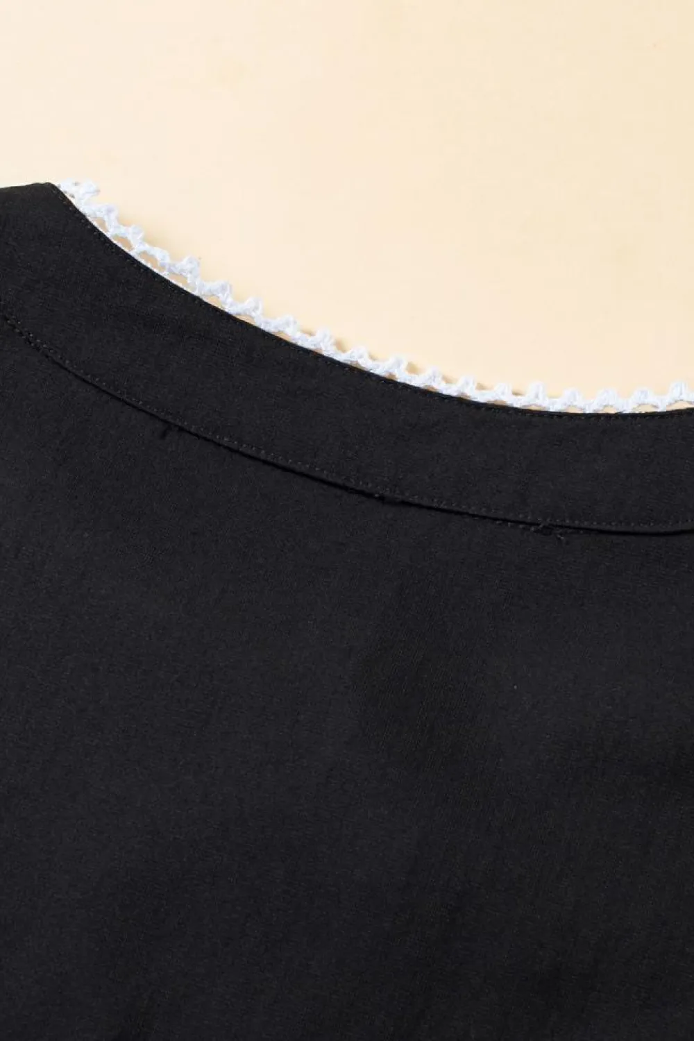 Clearance Dear-Lover Floral Embroidered Puff Sleeve Split Neck Blouse Black
