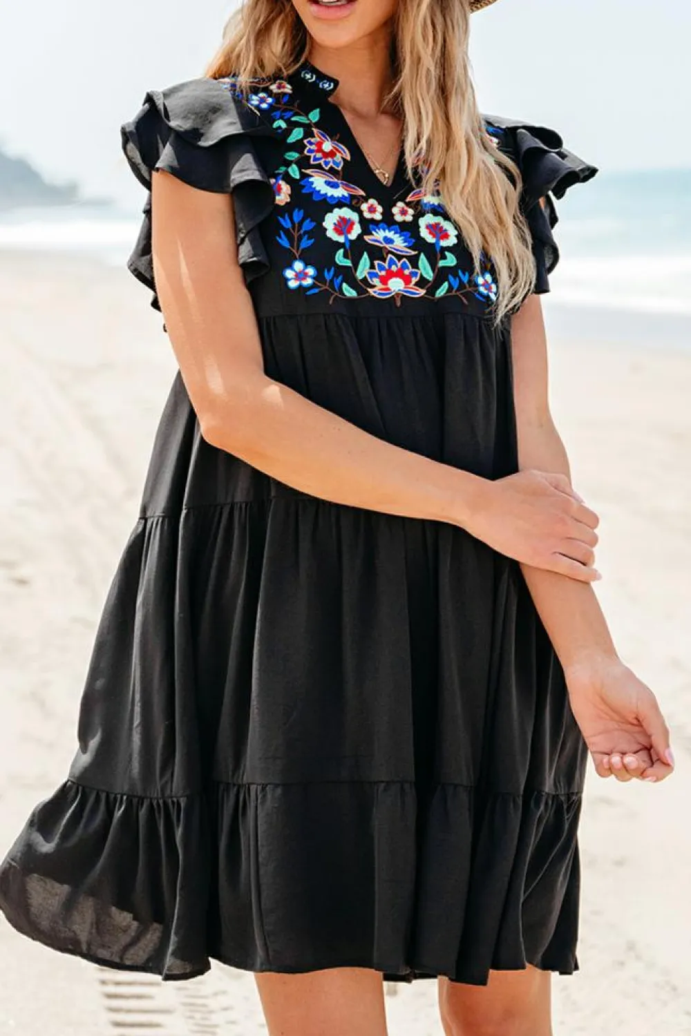 Outlet Dear-Lover Floral Embroidered Tiered Ruffled Mini Dress Black