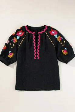 Discount Dear-Lover Floral Embroidered Ricrac Puff Sleeve Textured Blouse Black