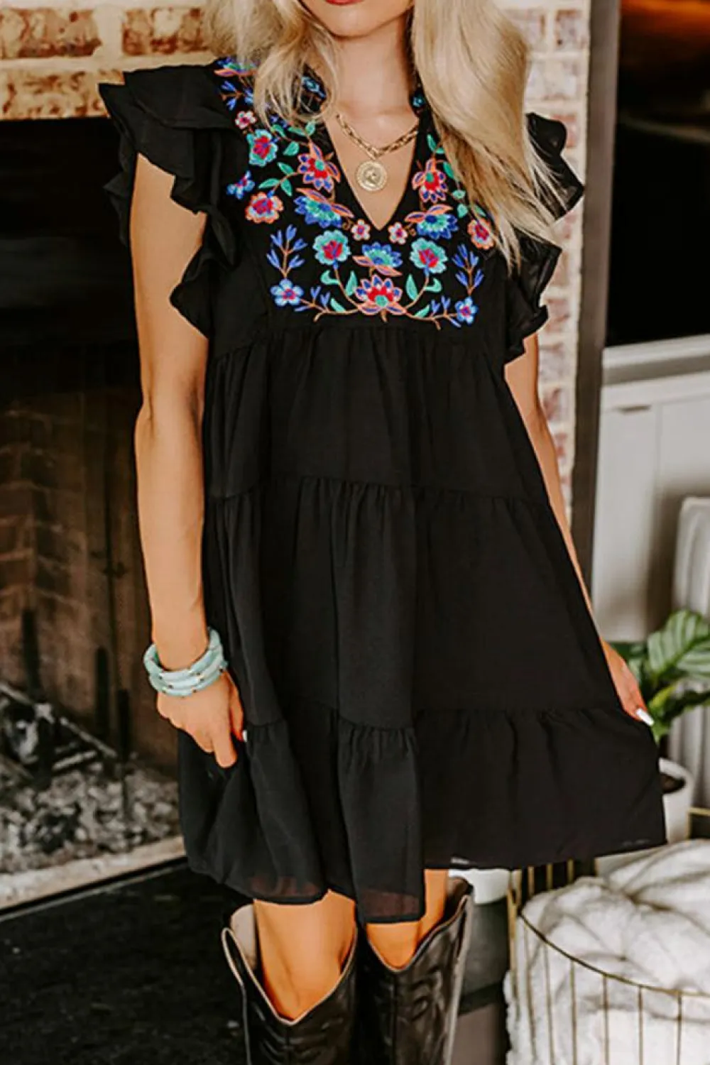 Outlet Dear-Lover Floral Embroidered Tiered Ruffled Mini Dress Black