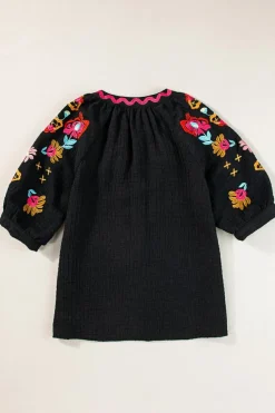 Discount Dear-Lover Floral Embroidered Ricrac Puff Sleeve Textured Blouse Black