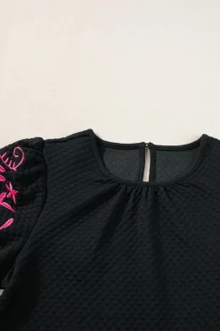 Best Dear-Lover Floral Embroidered Textured Puff Sleeve T Shirt Black