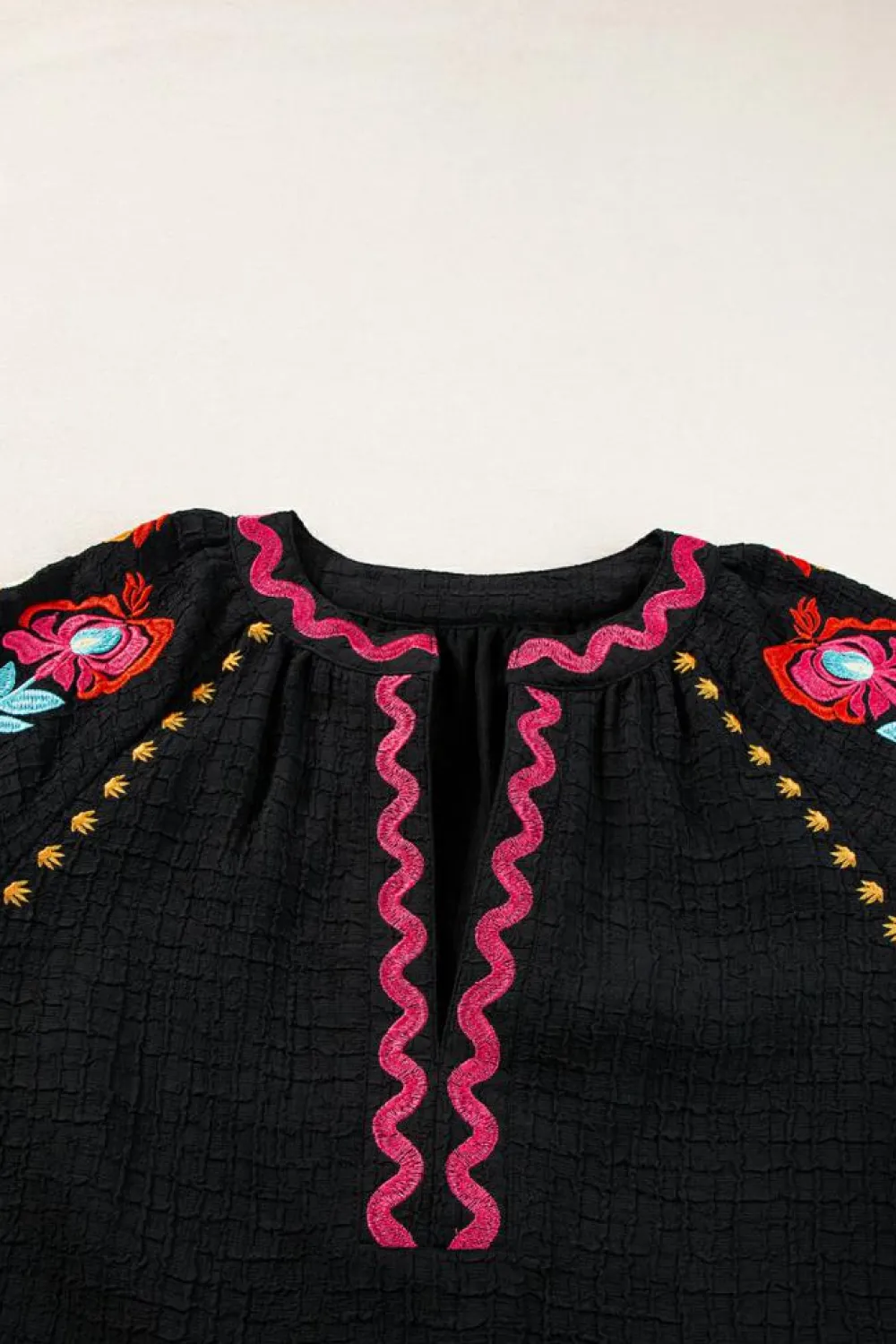 Discount Dear-Lover Floral Embroidered Ricrac Puff Sleeve Textured Blouse Black