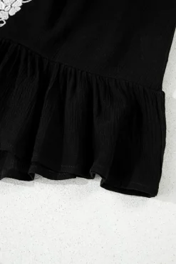 Best Dear-Lover Floral Embroidery Ruffled Spaghetti Straps Tank Top Black