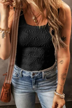 Discount Dear-Lover Floral Jacquard Square Neck Tank Top Black