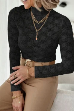 Fashion Dear-Lover Floral Lace High Neck Long Sleeve Top Black
